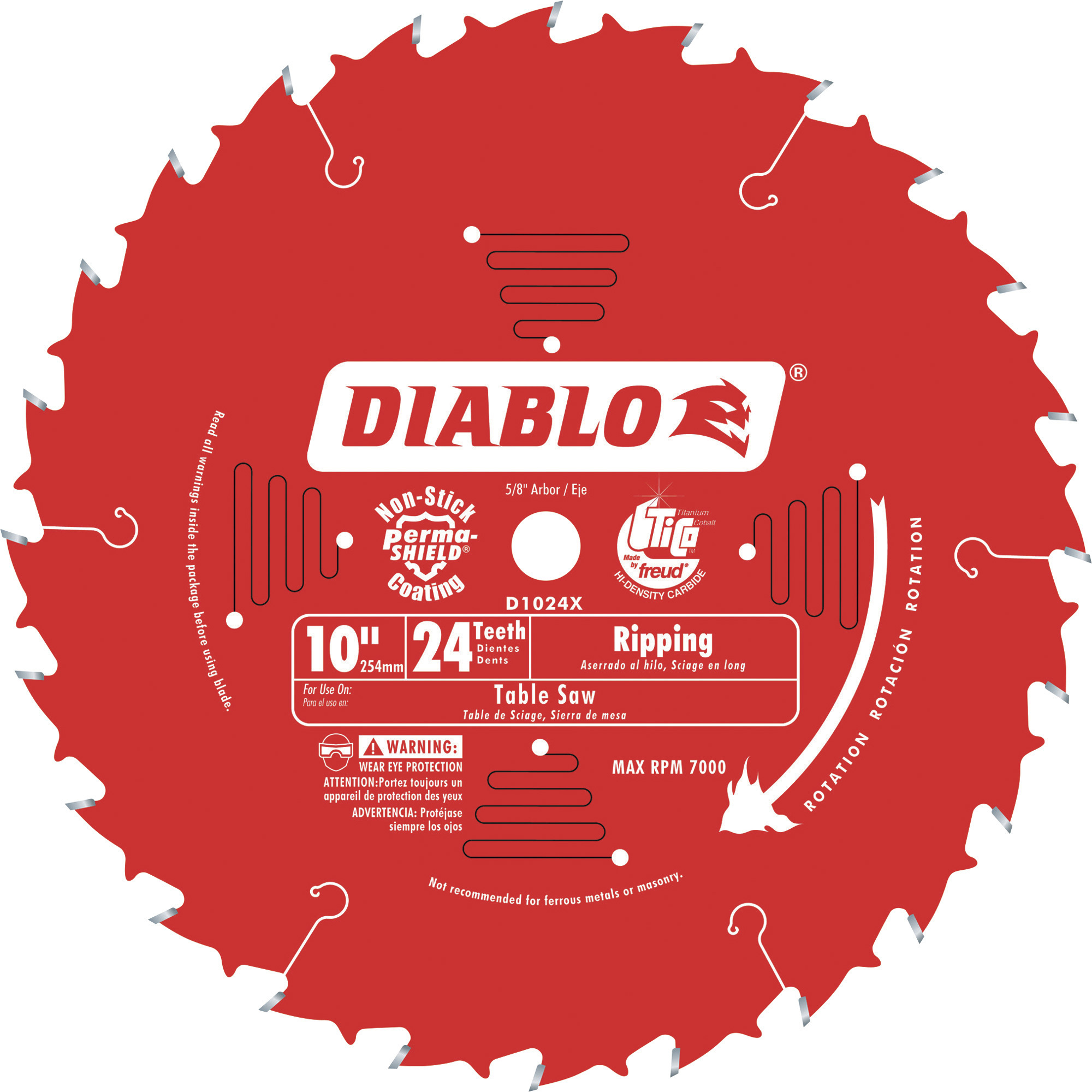 Diablo Ripping Circular Saw Blade, 10in., 24 Tooth, For Rip Cuts in Wood, Plywood, OSB, Model# D1024X
